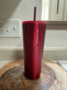 Starbucks Metallic Red Spiral Tumbler with Matching Lid and Straw
